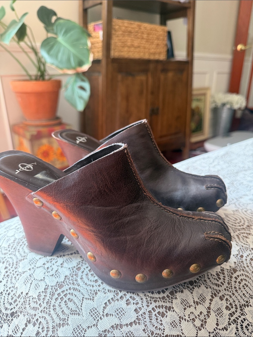 Brown Leather Studded Clog Mules